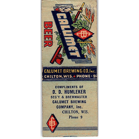 D.D. Humleker Calumet Brewing Co Chilton WI Vintage Matchbook Cover SC7-Y8