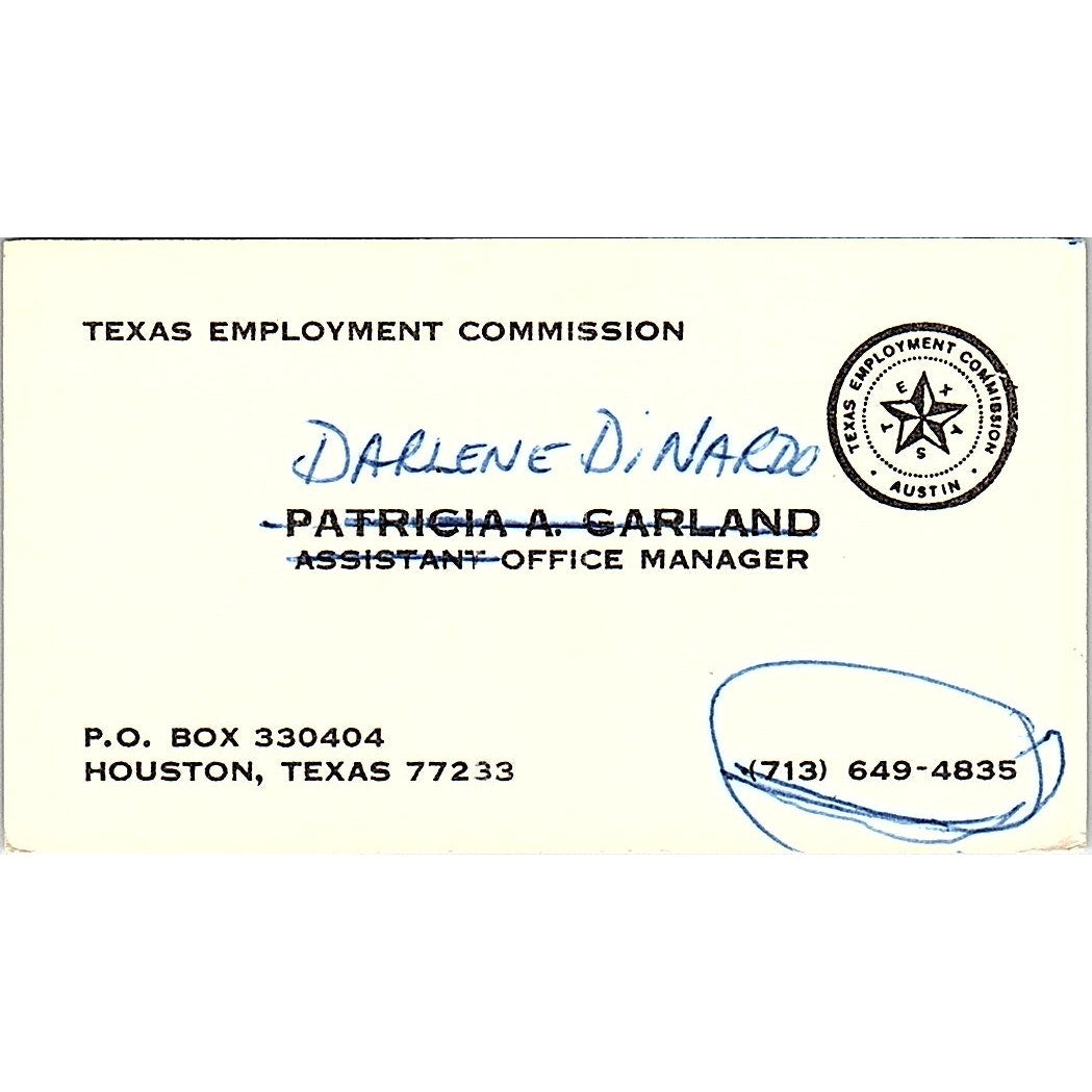 Texas Employment Commission Darlene Dinardo Texas Vintage Business Card SF3-B3