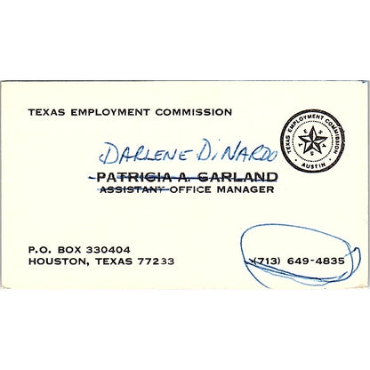 Texas Employment Commission Darlene Dinardo Texas Vintage Business Card SF3-B3