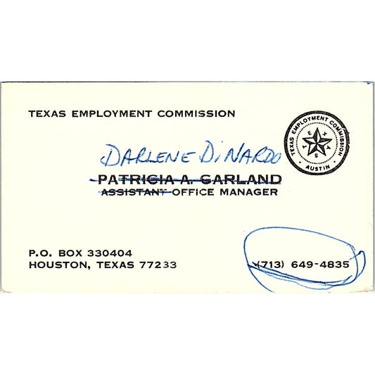 Texas Employment Commission Darlene Dinardo Texas Vintage Business Card SF3-B3