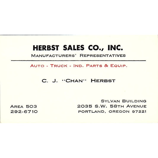 C. J 'Chan' Herbst Herbst Sales co. Portland Oregon Vintage Business Card SB4-B4