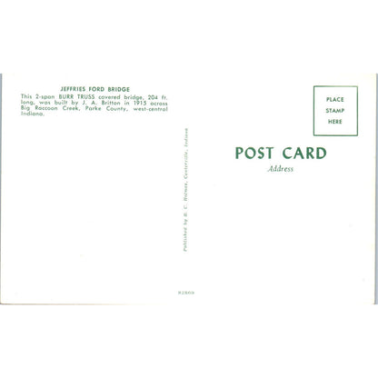 Jeffries Ford Bridge Burr Truss Parke County Vintage Covered Bridge Postcard PD3