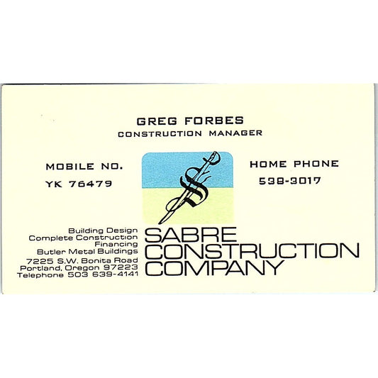 Greg Forbes Sabre Construction Company Portland OR Vintage Business Card SD9-B3