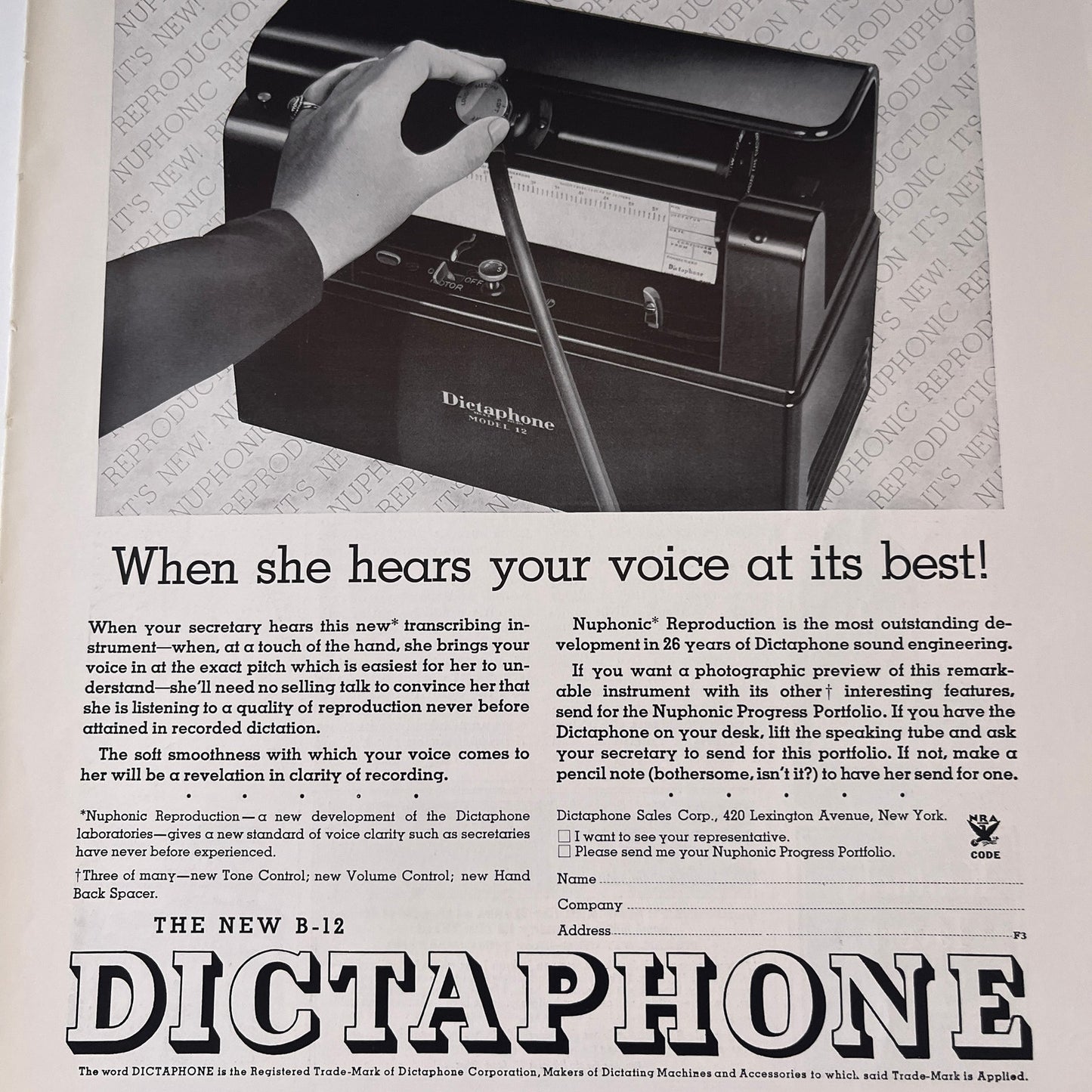 The New B-12 Dictaphone Dictaphone Sales Corp NY 1935 Ad V1-4