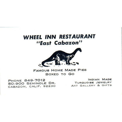 Wheel Inn Restaurant East Cabazon California Vintage Business Card SD8-B7
