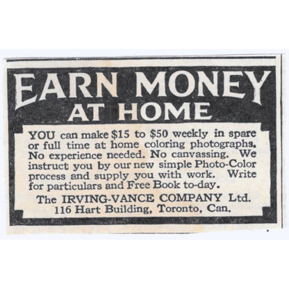 Irving-Vance Company Toronto CA Earn Money at Home 1930s Advertisement AE4-I3