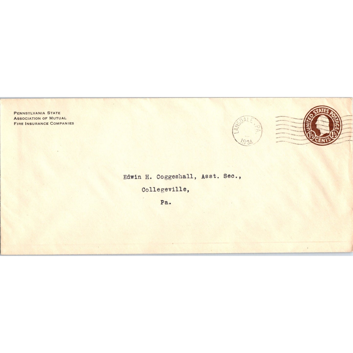 1934 Edwin H. Coggeshall Collegeville PA Postal Cover Envelope TH9-L2