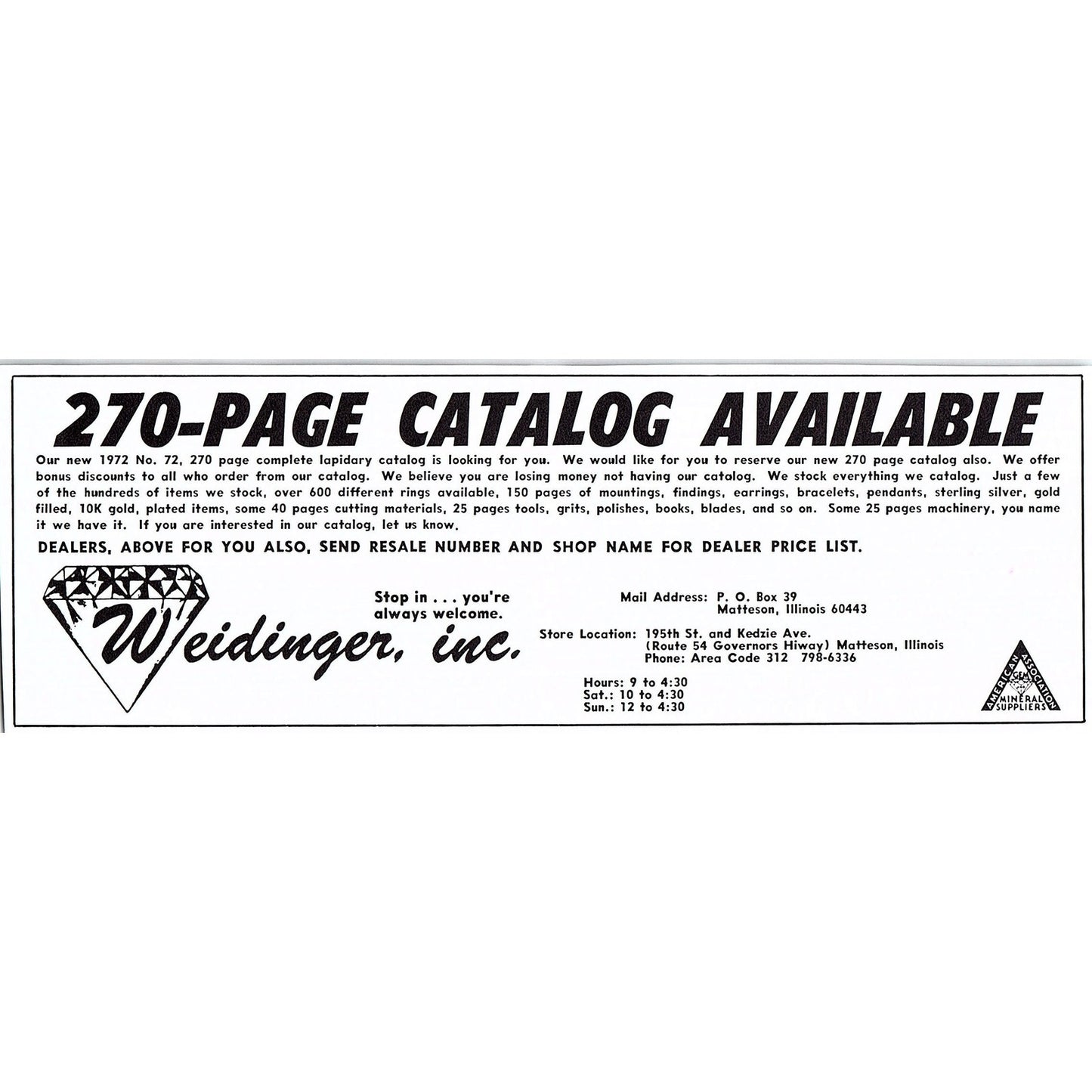 Weidinger Inc Lapidary Supply Matteson Illinois 1972 Ad AF8-2