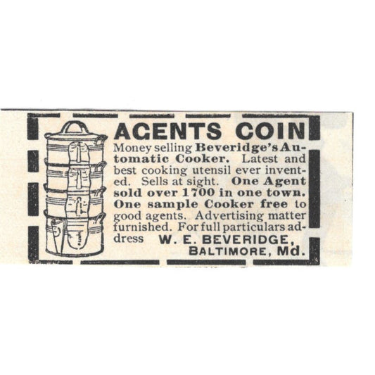 W.E. Beveridge Automatic Cooker Baltimore MD c1890 Victorian Ad AE8-CH11