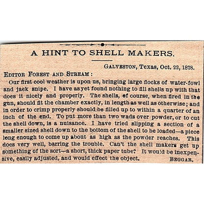 A Hint to Shell Makers - Beggar, Galveston Texas 1878 Article AG2-M8