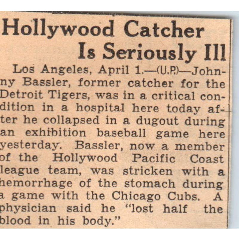 Detroit Tigers Catcher John Bassler Ill 1935 Minneapolis Journal Article AE7-N6