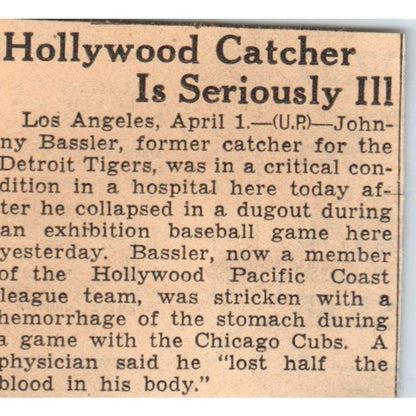 Detroit Tigers Catcher John Bassler Ill 1935 Minneapolis Journal Article AE7-N6