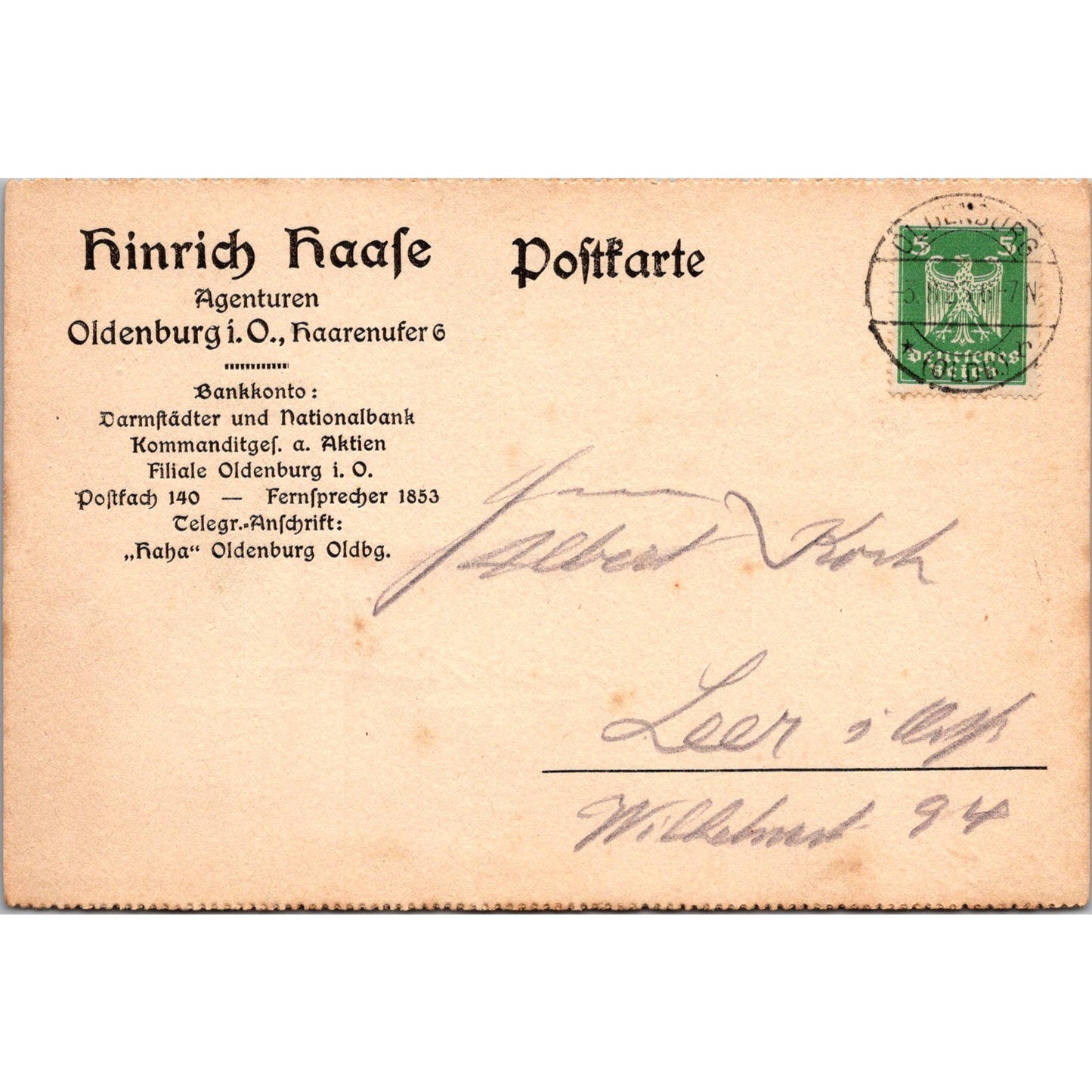 Hinrich Haase Agencies Oldenburg 1925 German Reich Postcard TE2-GRP