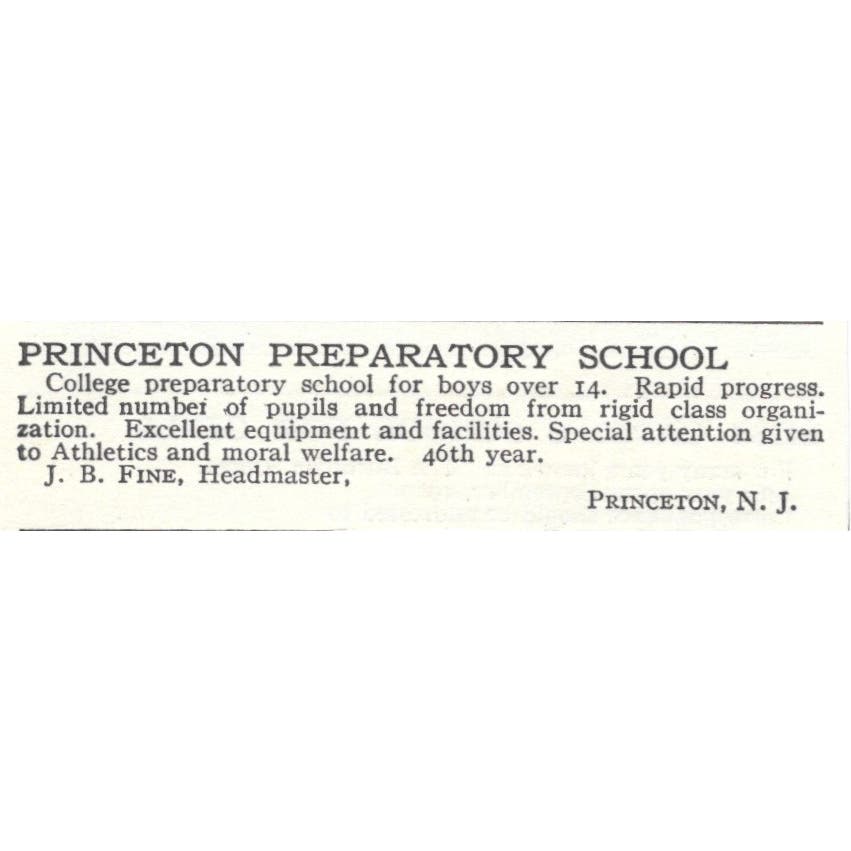 Princeton Preparatory School J.B. Fine NJ c1918 Original Advertisement AE5-SA11