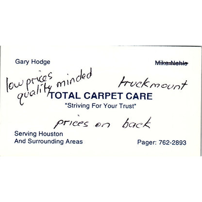 Gary Hodge Total Carpet Care Houston Vintage Business Card SC9-B3