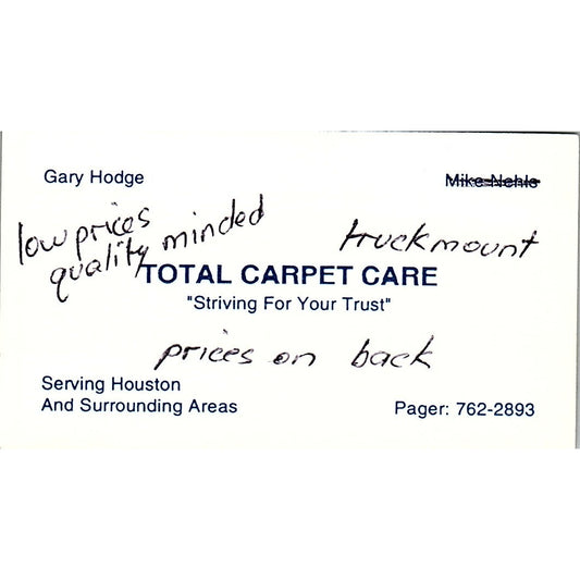 Gary Hodge Total Carpet Care Houston Vintage Business Card SC9-B3