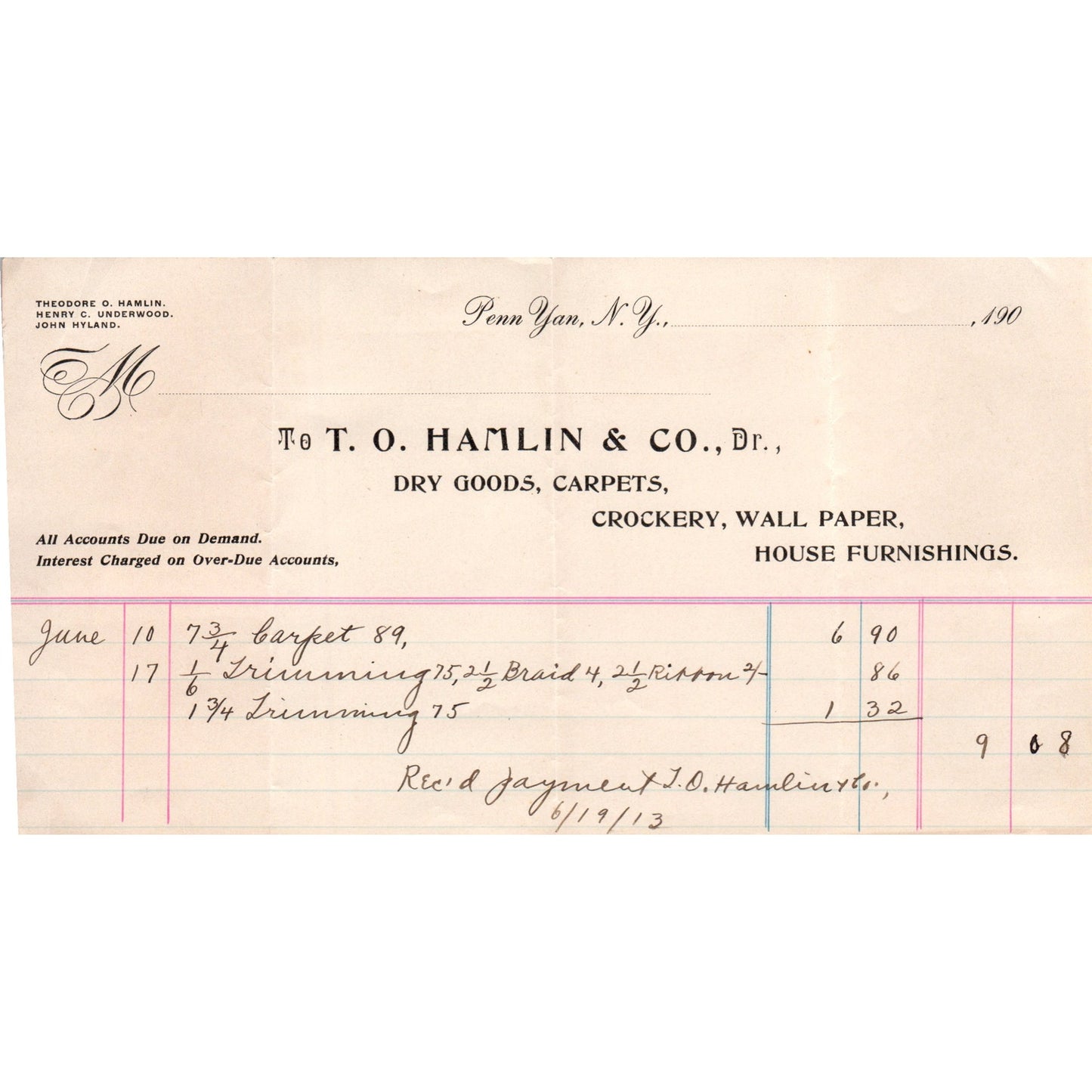 1908 T.O. Hamlin & Co Dry Goods Penn Yan NY Billhead Receipt Letterhead AB6-OD1