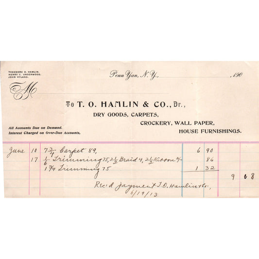 1908 T.O. Hamlin & Co Dry Goods Penn Yan NY Billhead Receipt Letterhead AB6-OD1