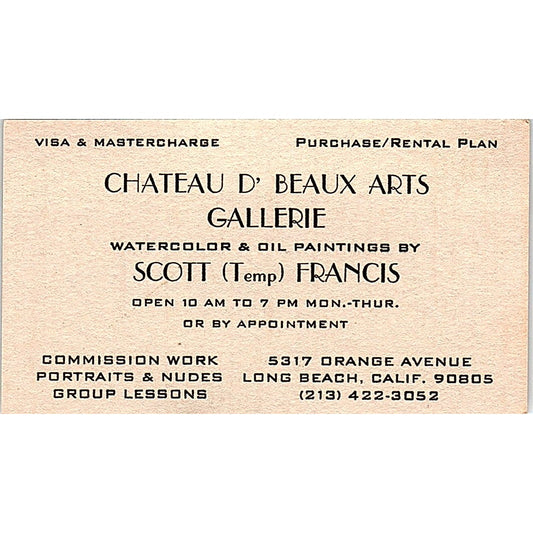 Scott Francis Chateau D' Beaux Arts Long Beach CA Vintage Business Card SE3-B12