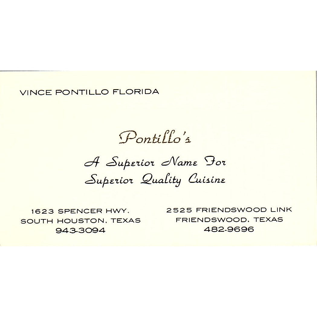 Pontillo's Vince Pontillo Florida Houston TX Vintage Business Card SSB4-B13