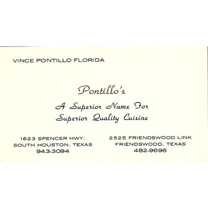Pontillo's Vince Pontillo Florida Houston TX Vintage Business Card SSB4-B13