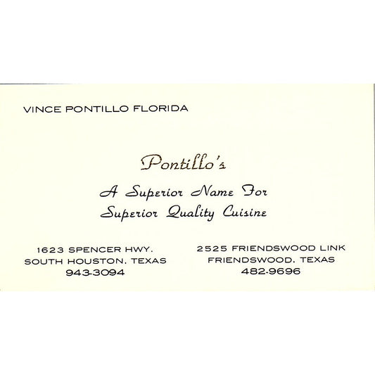 Pontillo's Vince Pontillo Florida Houston TX Vintage Business Card SSB4-B13