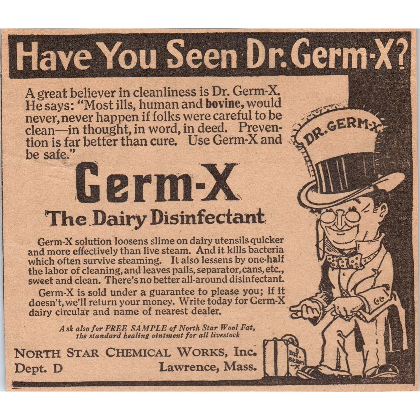 Germ-X Dairy Disinfectant North Star Chemical Works Lawrence MA 1922 Ad AF2-A5