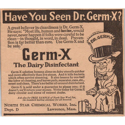 Germ-X Dairy Disinfectant North Star Chemical Works Lawrence MA 1922 Ad AF2-A5