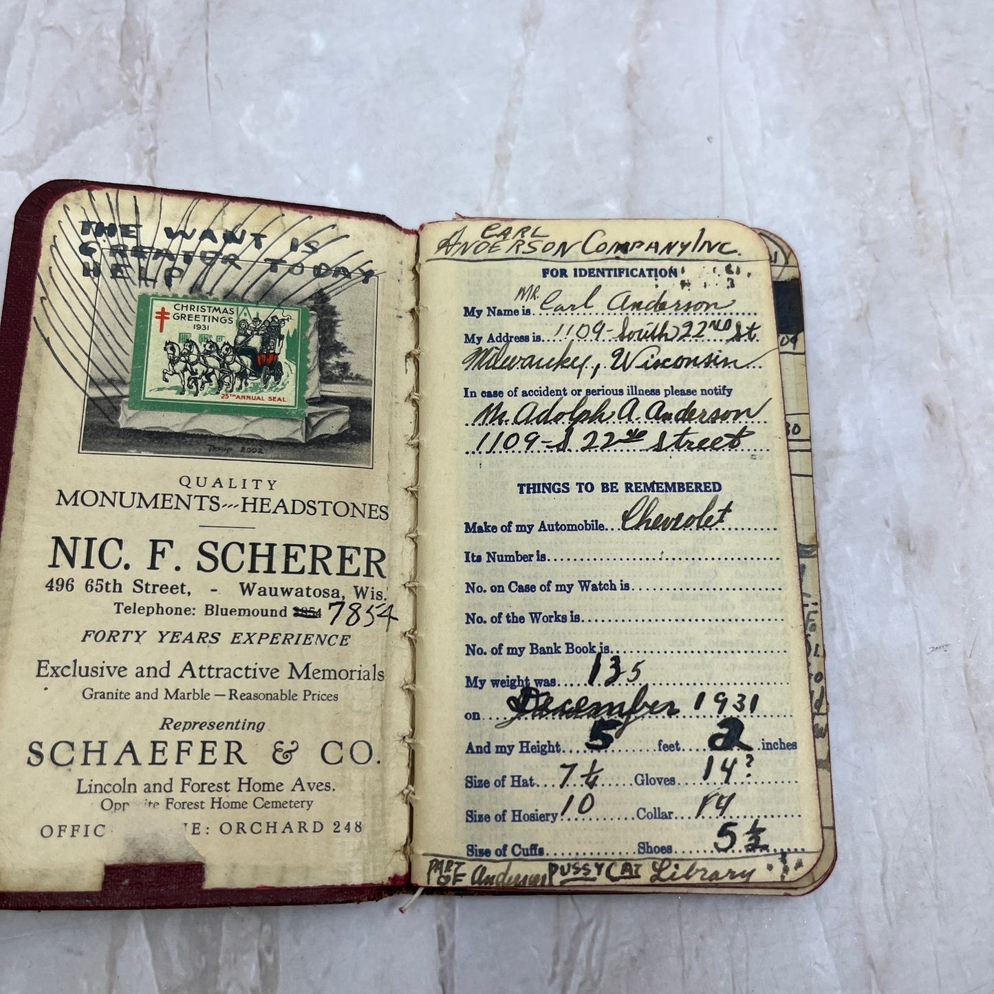 1931 Nic. F. Sherer Wauwatosa WI Headstones Advertising Pocket Book P5-1