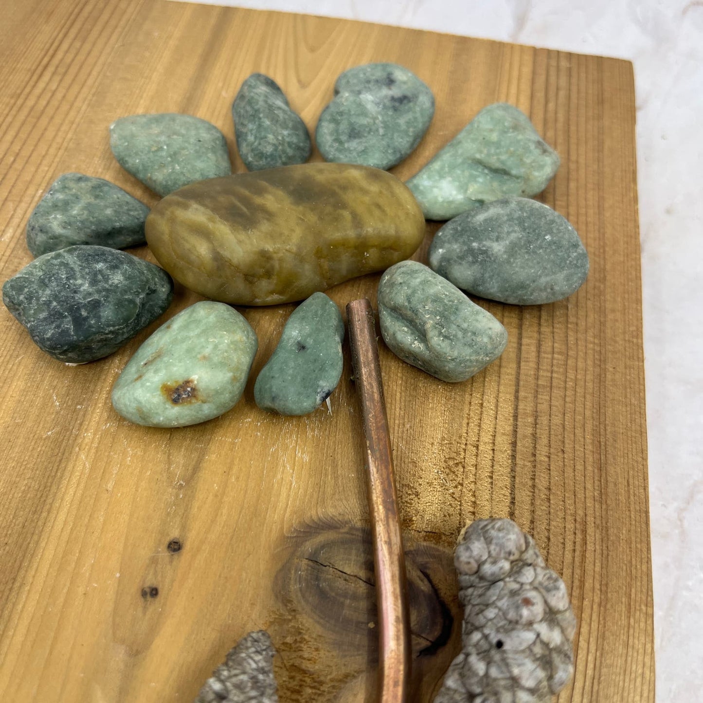 Rustic Wood, Copper and Rock Original Folk Wall Art Floral 7x14” TF5