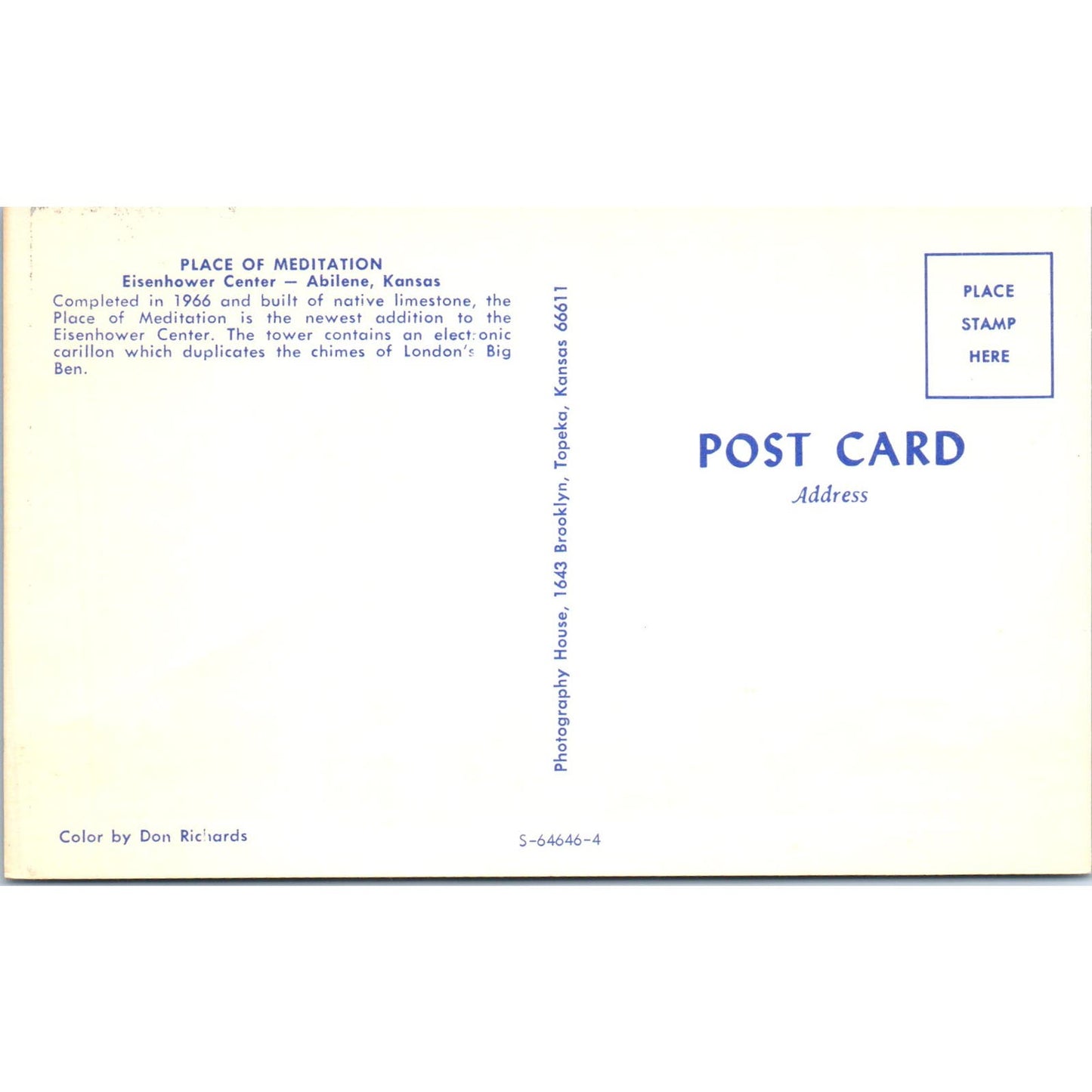 The Eisenhower Center - Place of Meditation Abilene Kansas Vintage Postcard PC12