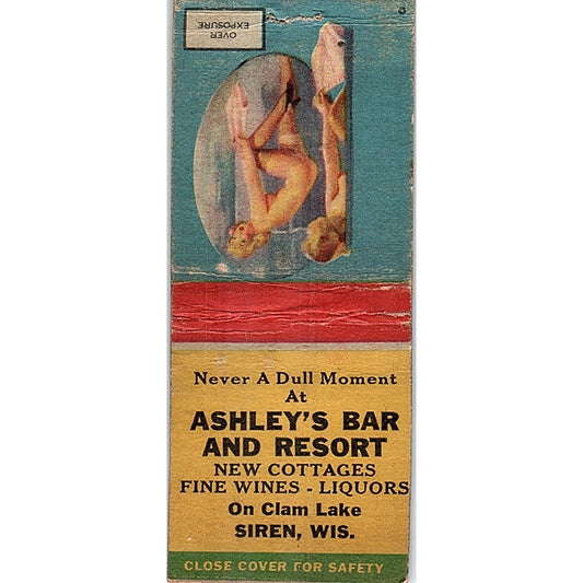 Ashley's Bar & Resort Clam Lake Siren WI Pinup Vintage Matchbook Cover SC7-Y11
