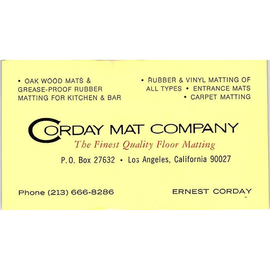 Corday Mat Company Ernest Corday Los Angeles CA Vintage Business Card SF3-B6
