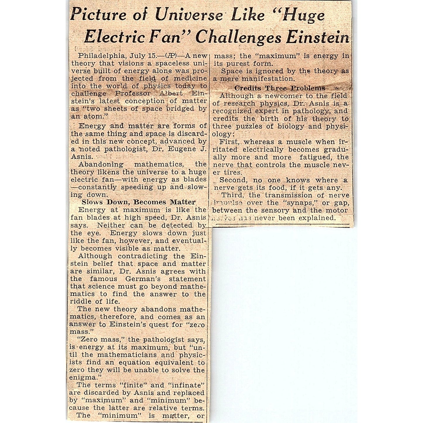 Picture of Universe As Huge Electric Fan Challenges Einstein 1935 Article AG6-H2