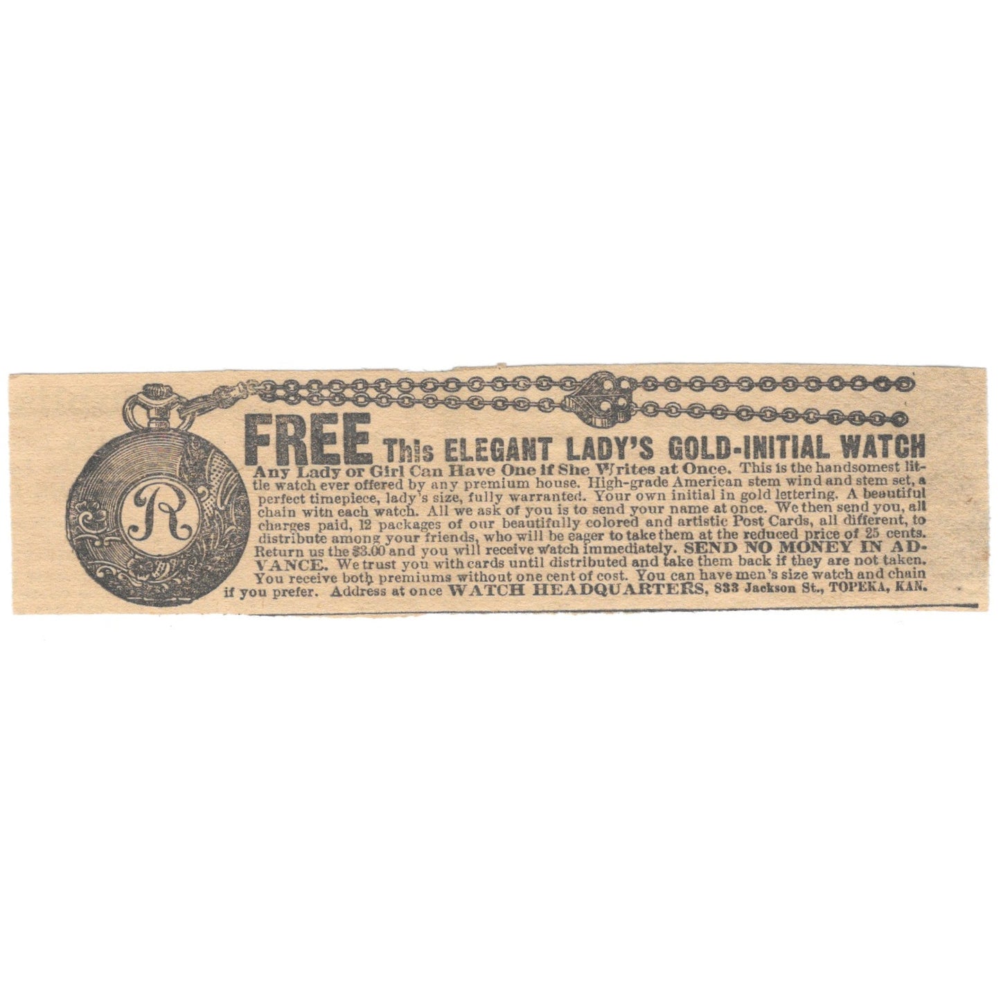 Ladies Pocket Watch Offer Watch Headquarters Topeka KS 1910 Magazine Ad AF1-CM3