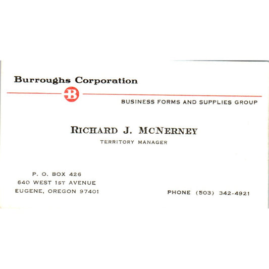 Richard J. McNerney Burroughs Corporation Eugene OR Vintage Business Card SE3-B3