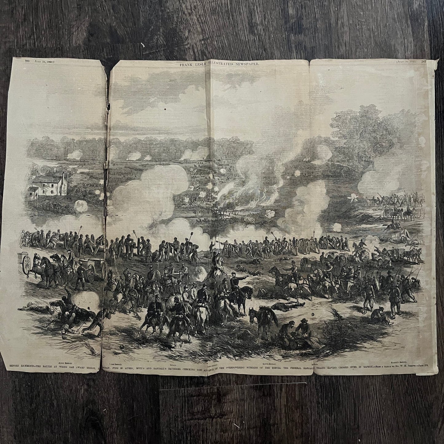 Battle at White Oak Swamp Bridge Richmond Ayers 1863 Civil War Engraving C47