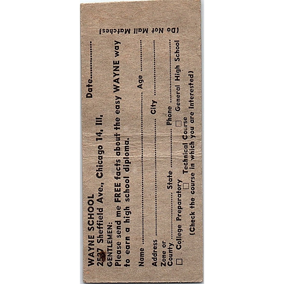 High School Diploma Wayne School Chicago IL Vintage Matchbook Cover SF3-Y1