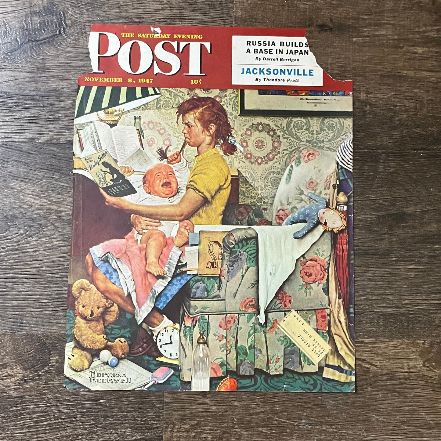 1947 Nov 8 Saturday Evening Post Cover Only Babysitter Norman Rockwell 10x13 V8