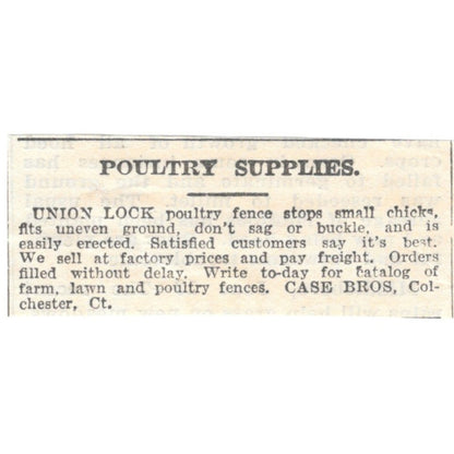 Union Lock Poultry Fence Case Bros Chester CT 1905 Magazine Ad AF1-NES1