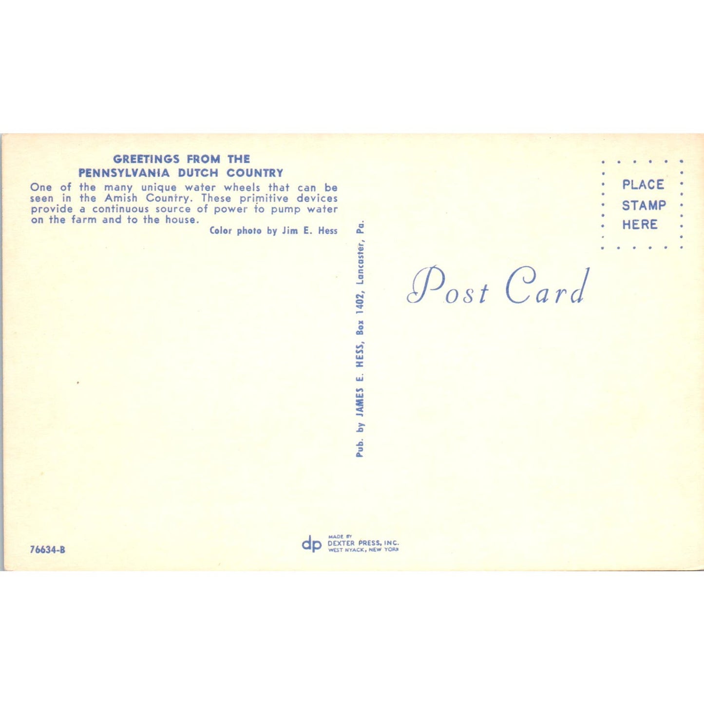 Water Wheel in Amish Pennsylvania Dutch Country Postcard PD7