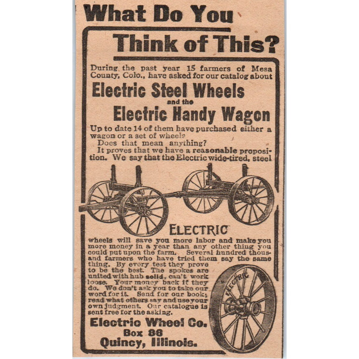 Electric Wheel Co Steel Wheels, Handy Wagon Quincy IL 1905 Magazine Ad AF1-NH4
