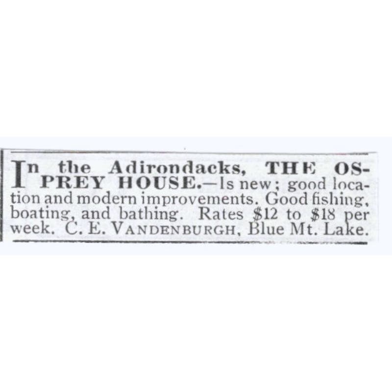 Osprey House Blue Mt. Lake Adirondacks C.E. Vandenburgh c1918 Ad AE5-SV3