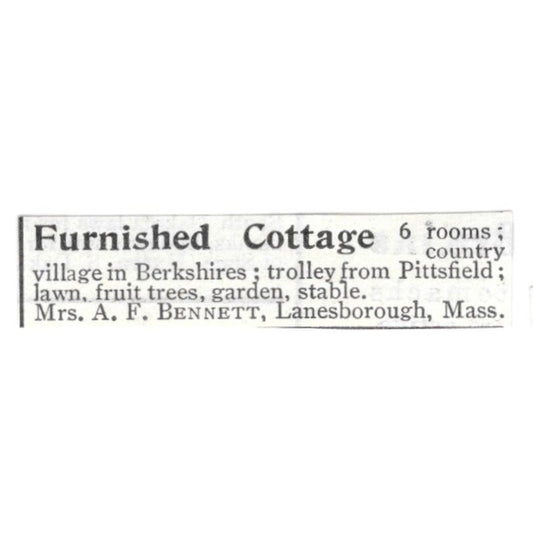 6 Room Cottage in the Berkshires A.F. Bennett Lanesborough MA 1903 Ad AF8-S45