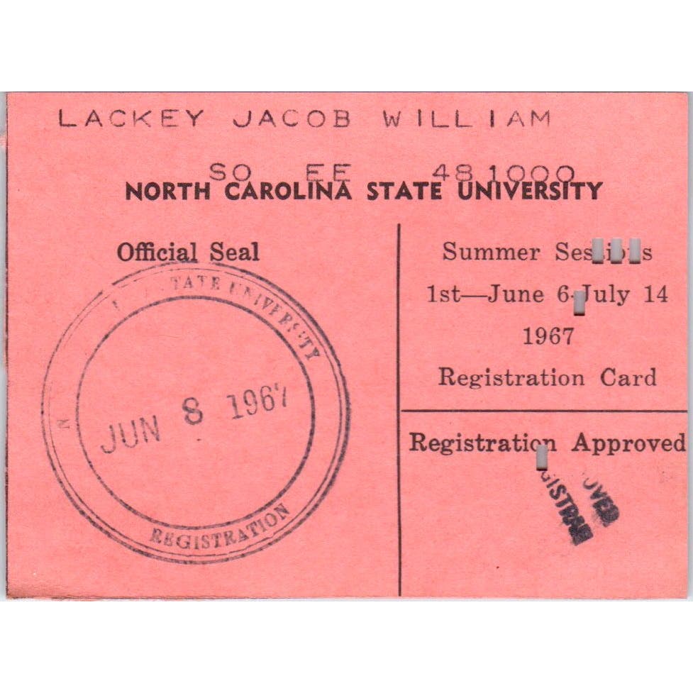 1967 Jun-Jul North Carolina State University Registration Stamped Card AF1