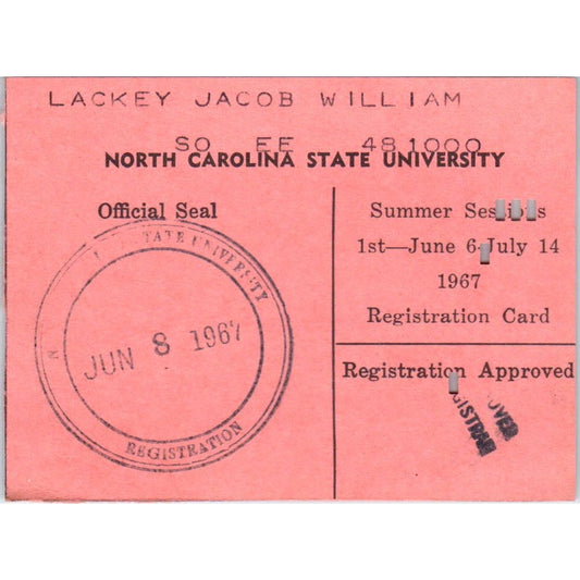 1967 Jun-Jul North Carolina State University Registration Stamped Card AF1