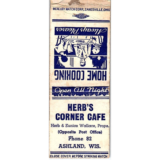 Herb's Corner Cafe Herb & Eunice Wallace Ashland WI Vtg Matchbook Cover SC7-Y10
