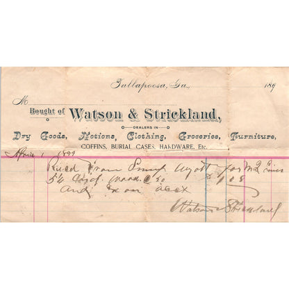 Watson & Strickland Dry Goods Tallapoosa 1890s Original Billhead Receipt D8-LL