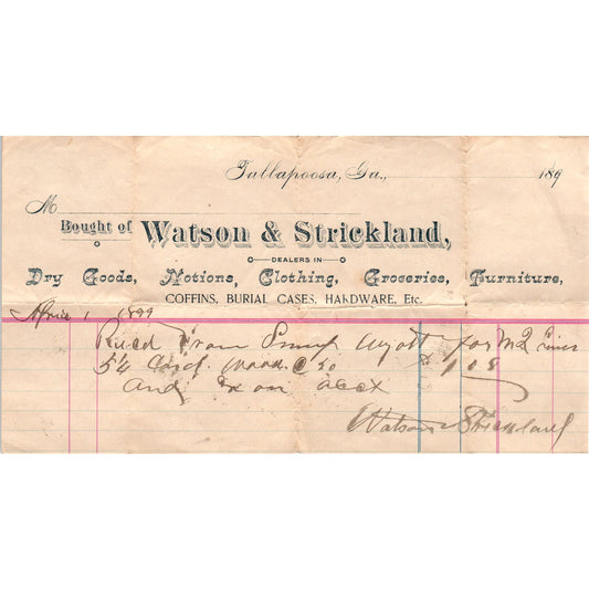 Watson & Strickland Dry Goods Tallapoosa 1890s Original Billhead Receipt D8-LL