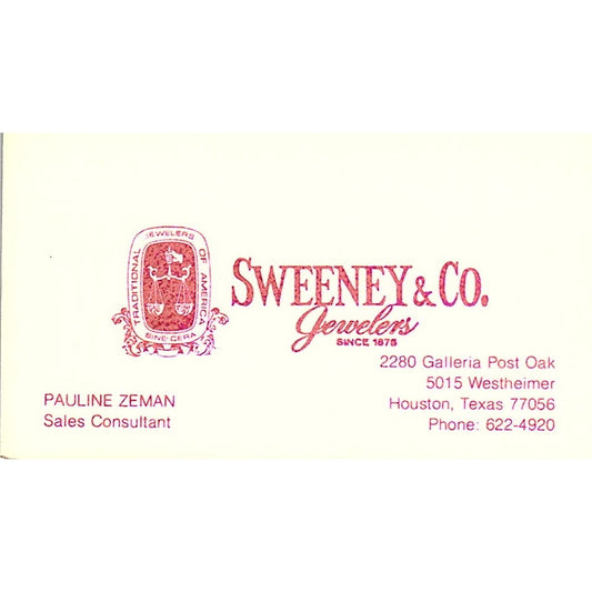 Sweeney &  Co Jewelers Pauline Zeman Houston Texas Vintage Business Card SF3-B9